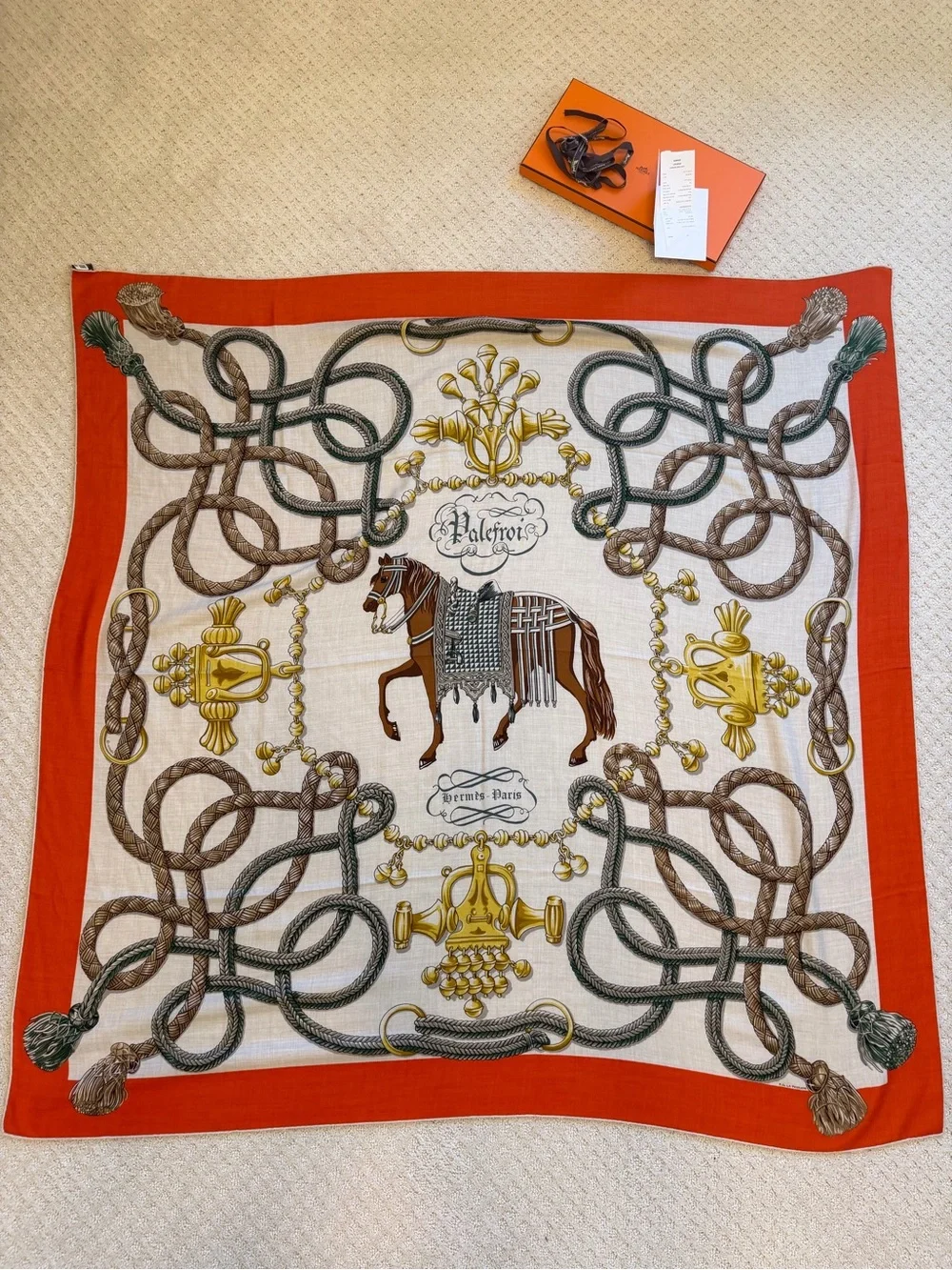 Hermes Red, Cream, Brown Equestrian Silk Scarf